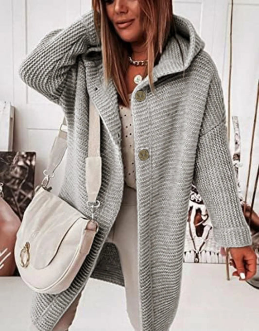 Oversized Gray Waffle Knit Hooded Cardigan Button Front Casual Outerwear