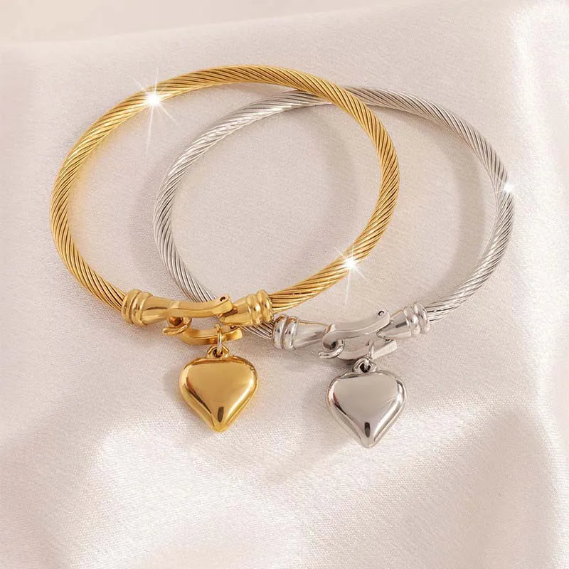 Stainless Steel Gold Color Heart Pendant Bracelets, Charm Bangle Bracelets, Waterproof Jewelry