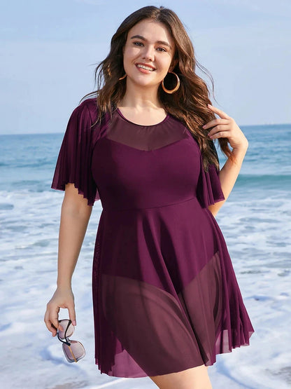 Sizes to 6 XL. One Piece Tummy Control Swimdress Solid Mesh, Ruffle Sleeved Cover Up in Blue, Black, and Burgundy