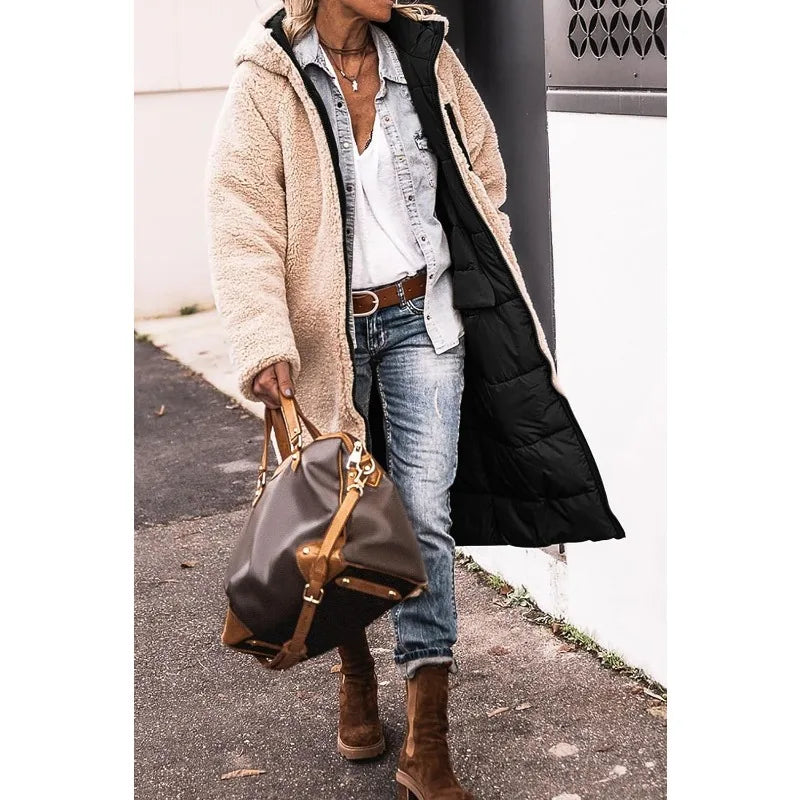 Reversible Sherpa Fleece, Long, Hooded Puffer Coats. Check colors: Brown, Green, Black, Burgundy, Light Gray