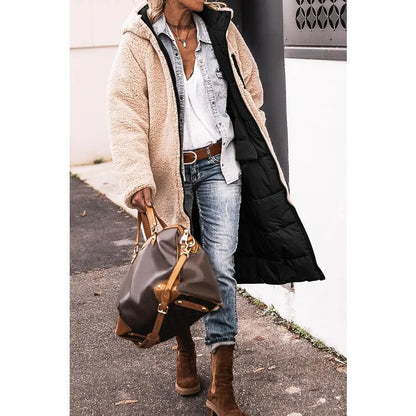 Reversible Sherpa Fleece, Long, Hooded Puffer Coats. Check colors: Brown, Green, Black, Burgundy, Light Gray
