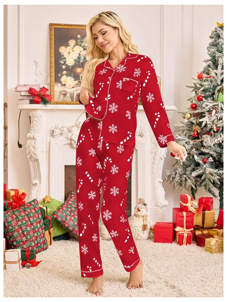 Christmas Long Sleeved Long Pants Snowflake Print Pajamas in Red, Green, White