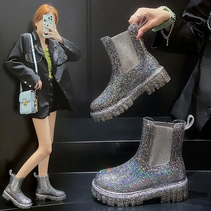 Shiney Ankle Rain Boots Wearable 4 Seasons Waterproof