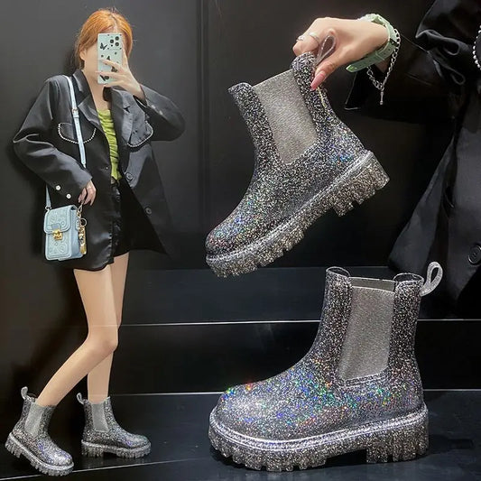 Shiney Ankle Rain Boots Wearable 4 Seasons Waterproof