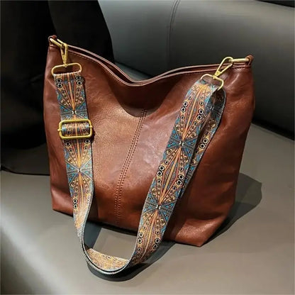 Boho Chic Faux Leather Shoulder Bag Large Capacity Crossbody Tote with Vintage Wide Adjustable Strap