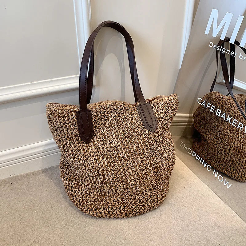 Handmade Rattan Woven Shoulder Bags Large Capacity Boho Straw Bag