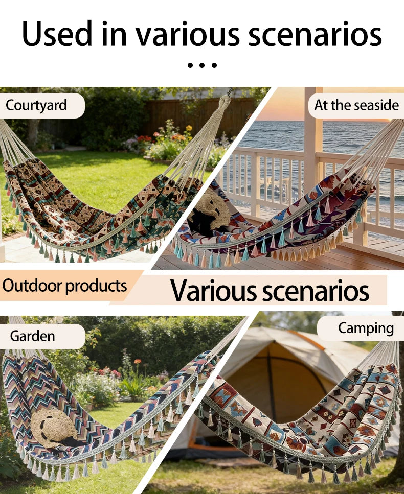 A Bohemian ethnic style outdoor double hammock with a storage bag and binding ropes.