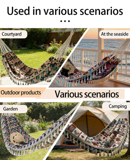 A Bohemian ethnic style outdoor double hammock with a storage bag and binding ropes.