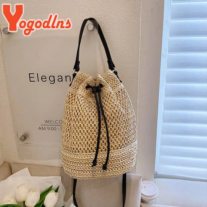 Braided Straw Bucket Bag, Drawstring Shoulder Crossbody Bag,