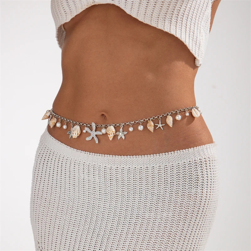 Boho Starfish and Shell Beaded Waist Pendant, Extra chain in Back