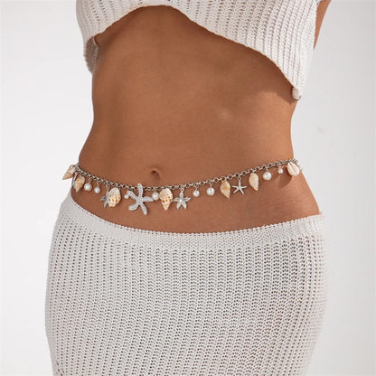 Boho Starfish and Shell Beaded Waist Pendant, Extra chain in Back
