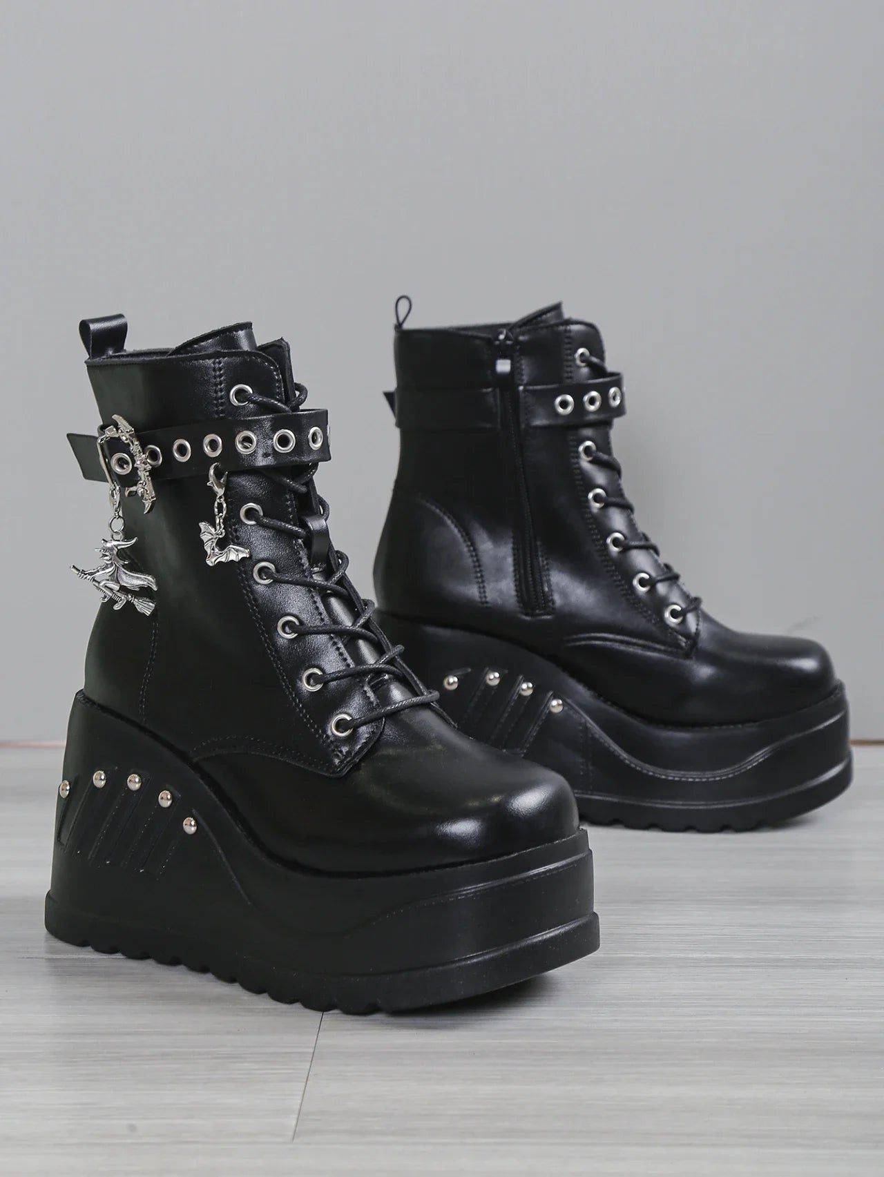 Punk Goth Platform Heels Wedge Heeled Boots, Tie and Strap Closures