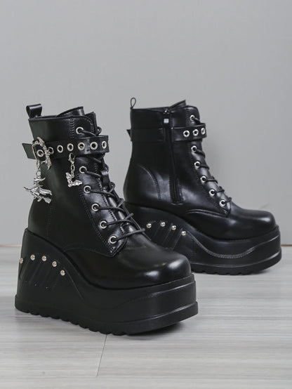 Punk Goth Platform Heels Wedge Heeled Boots, Tie and Strap Closures
