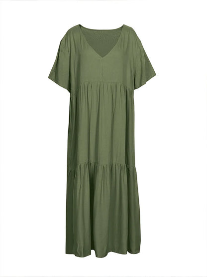 Sizes to 5XL, Loose Casual Midi Dress, V-neck, Short Loose Sleeves