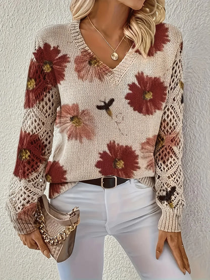 Boho Floral Print V Neck Crocheted Long Sleeved Sweater with Hollowed Out Knit Sleeves in 12 Different Designs