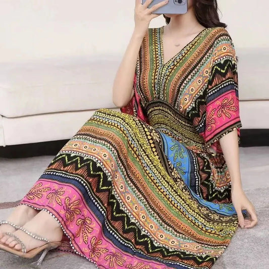 Bohemian Dress, Striped Colorful Flower Print, V-Neck, Elastic Waist, Large Swing Skirt, Batwing Sleeves