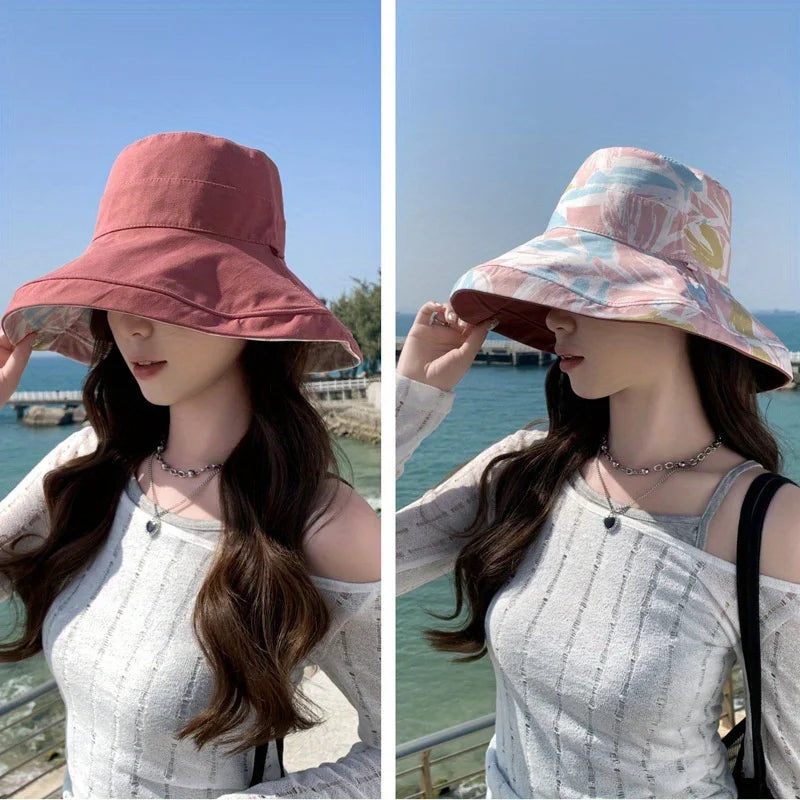 Bohemian Reversible Bucket Hat - Oversized Floral Print Sun
