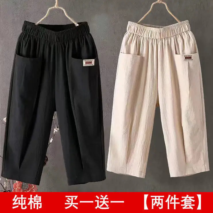 Cotton Linen Cropped 3/4 Length Pants, Loose, Linen with Elastic Waist and Pockets