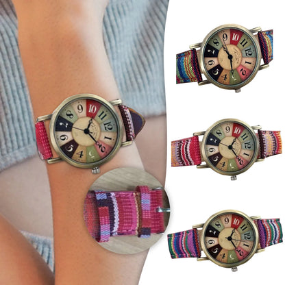 Boho Multi Color Rainbow Pattern Watches, Boho Hippie PU Leather Woven Strap