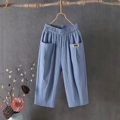 Cotton Linen Cropped 3/4 Length Pants, Loose, Linen with Elastic Waist and Pockets