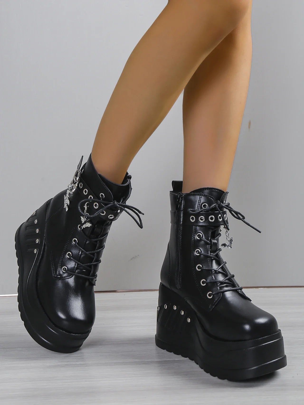 Punk Goth Platform Heels Wedge Heeled Boots, Tie and Strap Closures