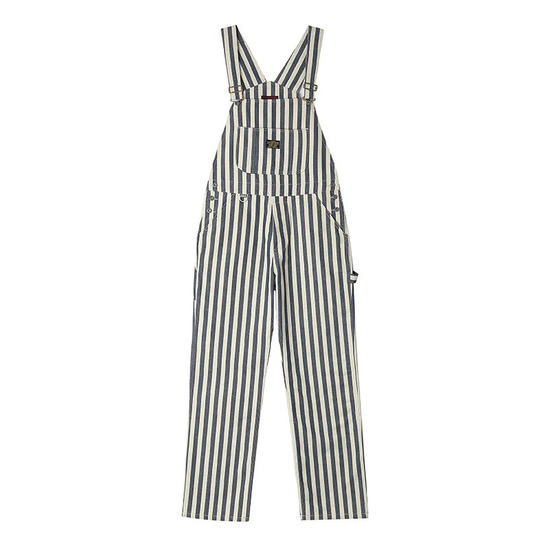 Sizes to 2XL American Retro Striped Denim Overalls Classic Fit Workwear Pants