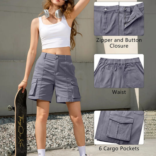 Sizes to 2XLWomen's Vintage Elastic Back, Low-Waisted, Cargo Shorts with Side Pocket