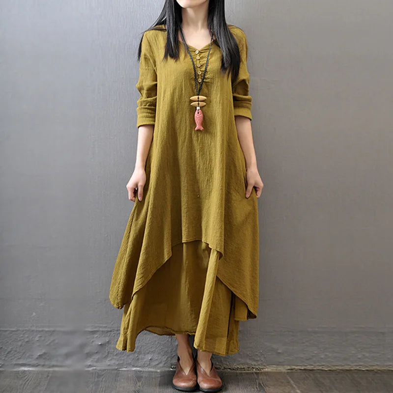 Boho Vintage Cotton and Linen with Pockets, Double Layer Swing Dress