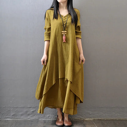 Boho Vintage Cotton and Linen with Pockets, Double Layer Swing Dress
