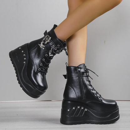 Punk Goth Platform Heels Wedge Heeled Boots, Tie and Strap Closures