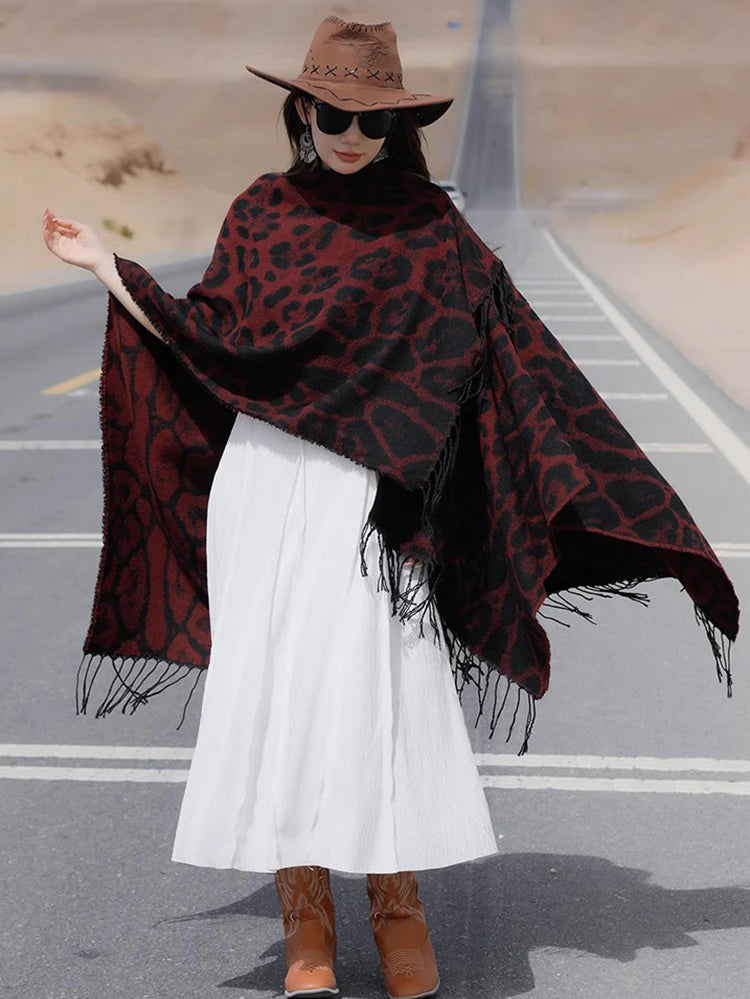 Vintage Boho Leopard Print Soft Over-the-Head Cloaks With Tassels