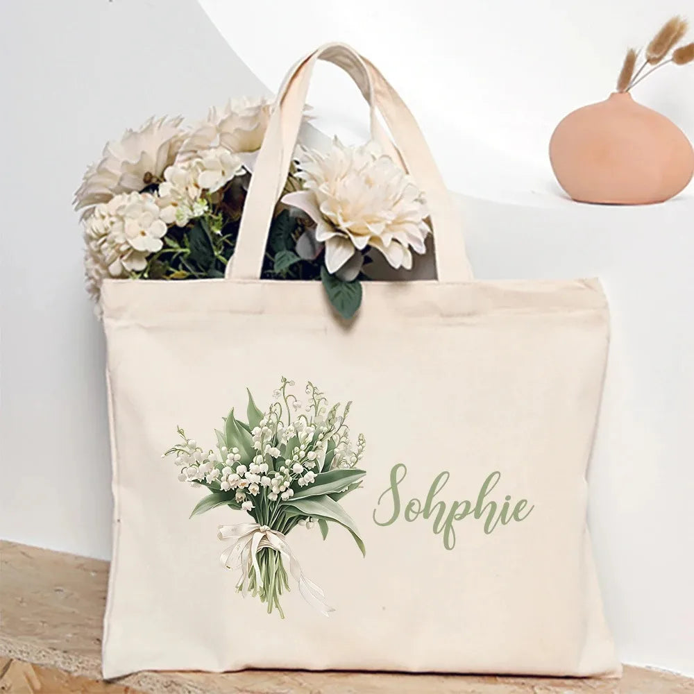 Personalized Shoulder Bag Birth Month Flower and Name Tote Bag, Monogrammed Canvas Bags