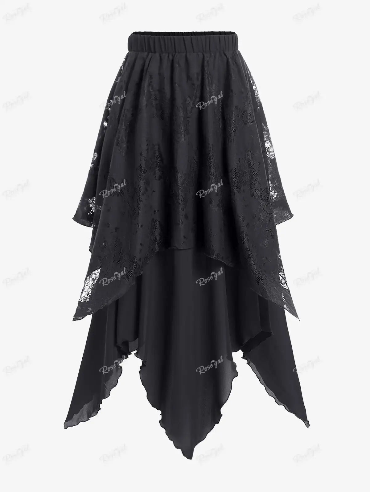 Sizes to 5XL Gothic Asymmetrical Skirt with Layered Lace Overlay, Handky Hem, Flowy Maxi Skirt Black, Deep Red, and White