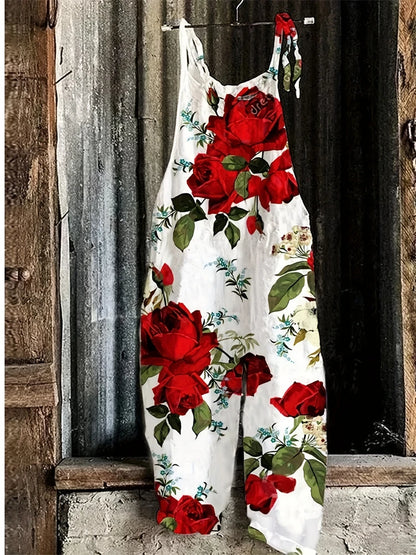 Sling Jumpsuit, Tie String Straps, Floral Printed, Wide Leg Pants, Casual Outdoor, Loose,  Comfortable, Breathable