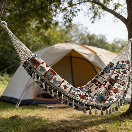 A Bohemian ethnic style outdoor double hammock with a storage bag and binding ropes.