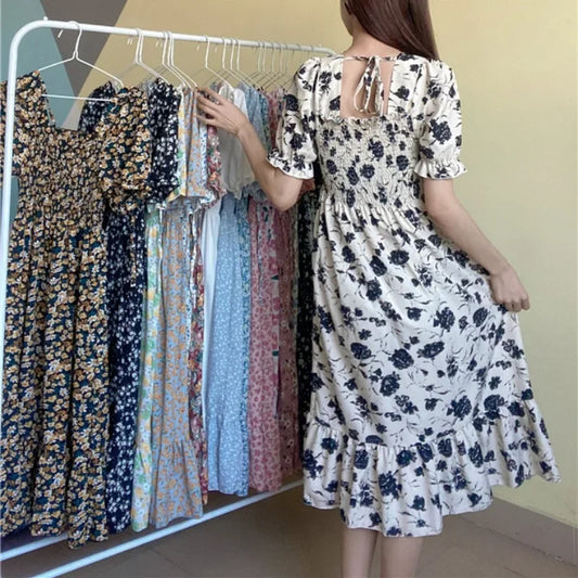 14 Patterns Elastic Waist Chiffon Dress  Short Sleeve Pleated A-line Dresses