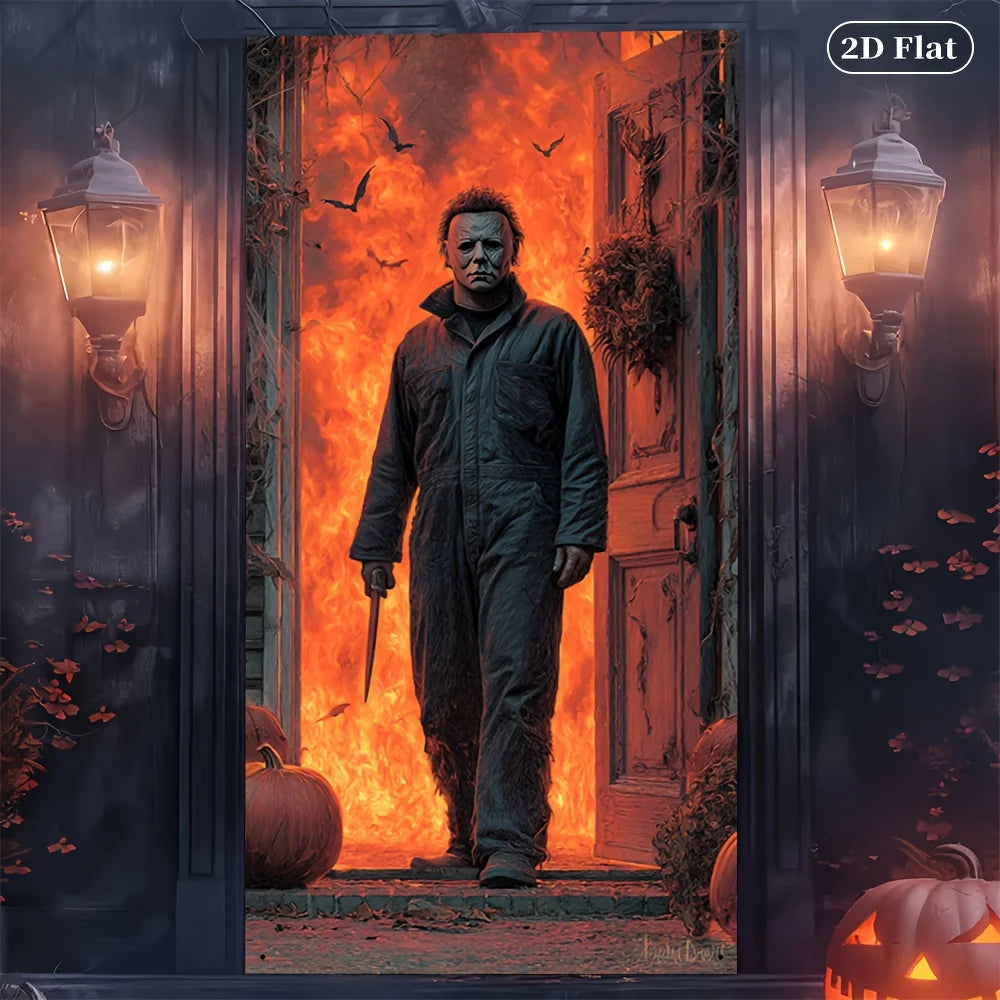 2D door banner, Halloween door cover 70.8 by 30.4 inches- polyester indoor/outdoor decoration with Michael Myers mask design