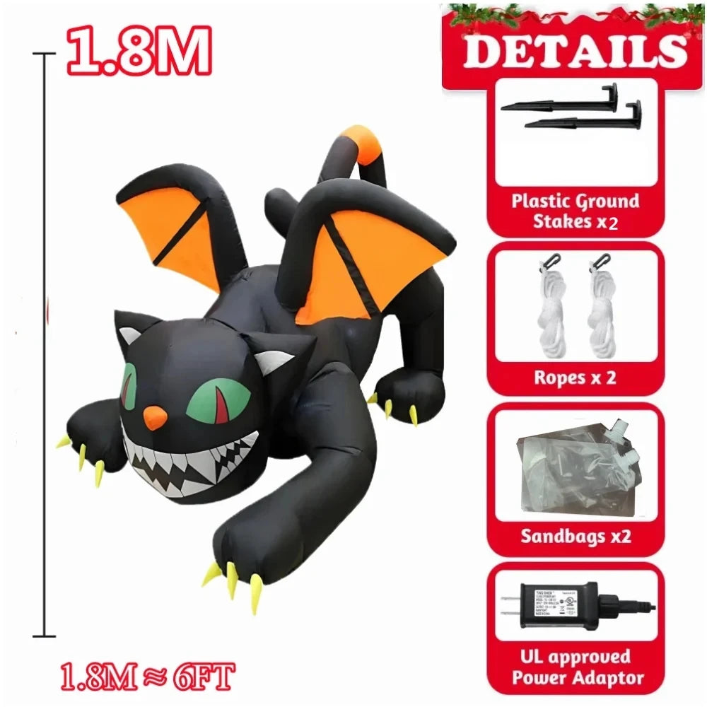 Halloween Inflatable 1.8m Black Cat, Moves His Head,  LED Lights Indoor or Outdoor Air-blown Decoration