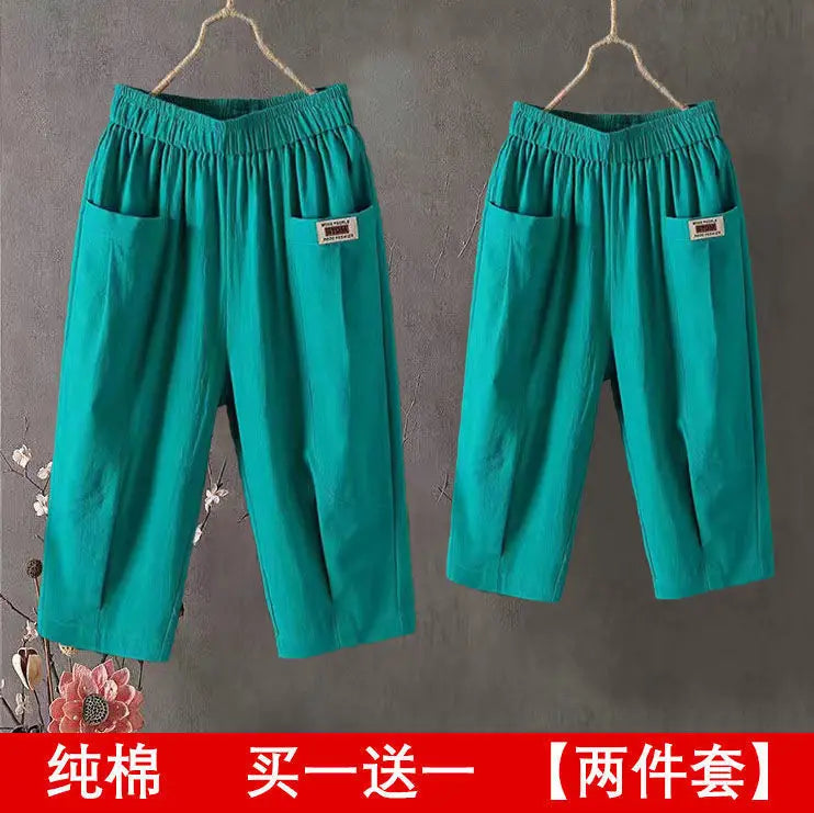 Cotton Linen Cropped 3/4 Length Pants, Loose, Linen with Elastic Waist and Pockets