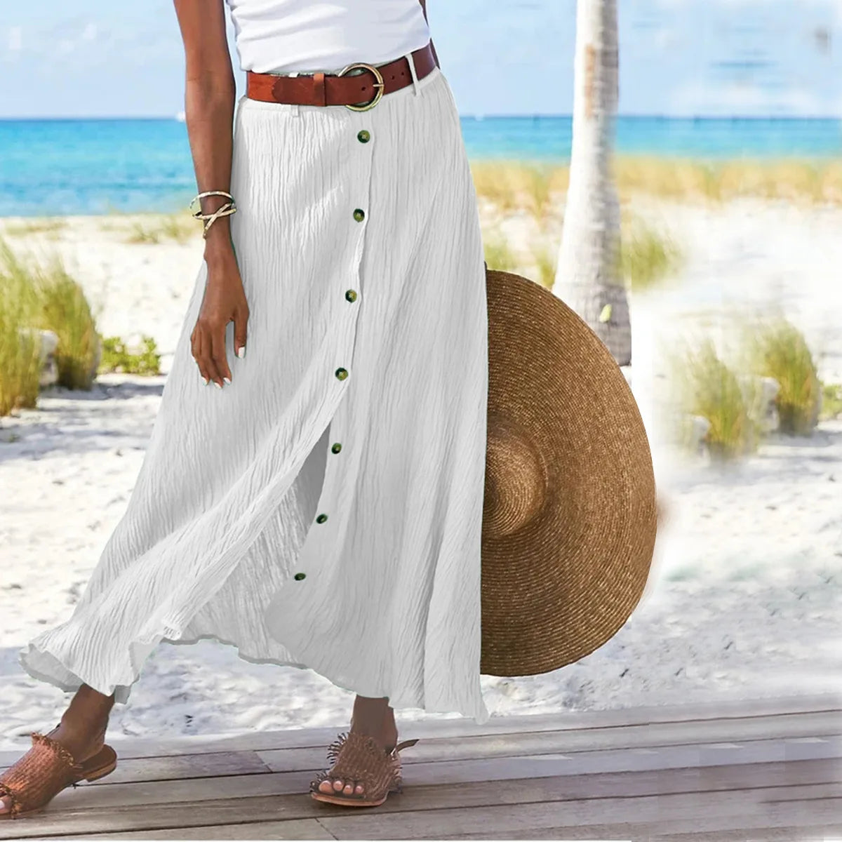 Size to 5XL Button Front Solid Color Split, A-line Mid-waist Long Skirt in White, Green, Navy, Black, and Salmon Colors