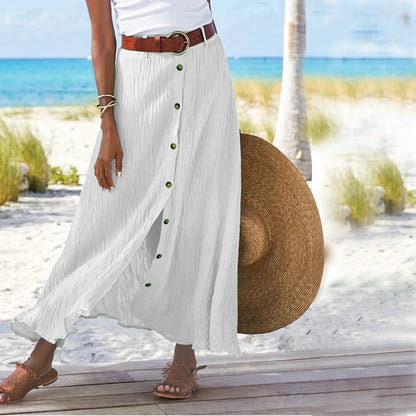 Size to 5XL Button Front Solid Color Split, A-line Mid-waist Long Skirt in White, Green, Navy, Black, and Salmon Colors