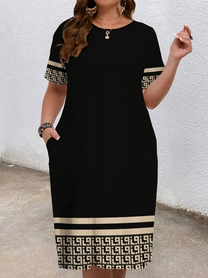 Sizes to 5XL, short-sleeved, round-neck, geometric ethnic borders, loose fit with pockets