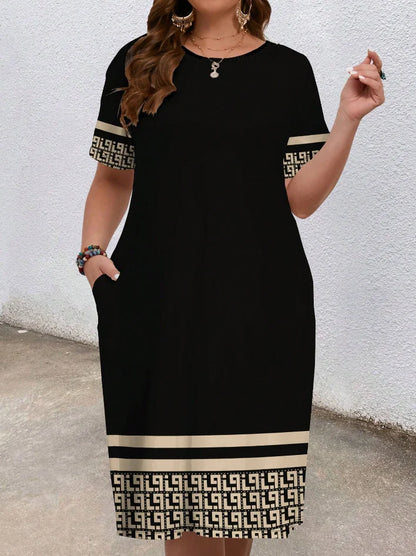 Sizes to 5XL, short-sleeved, round-neck, geometric ethnic borders, loose fit with pockets