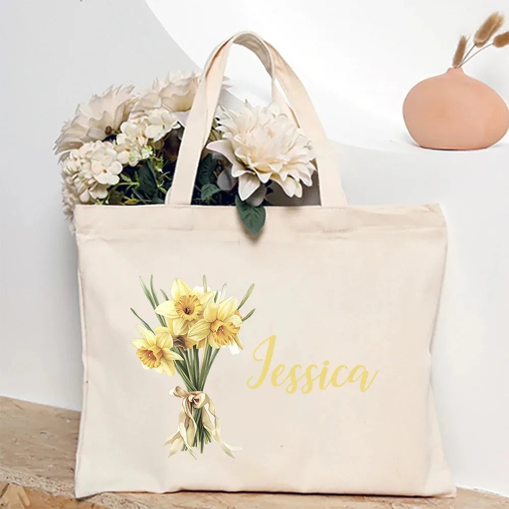 Personalized Shoulder Bag Birth Month Flower and Name Tote Bag, Monogrammed Canvas Bags
