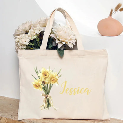 Personalized Shoulder Bag Birth Month Flower and Name Tote Bag, Monogrammed Canvas Bags