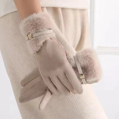 Warm Gloves Fleece Lined Windproof Cold-Resistant Touchscreen Compatible with Plush Decoration