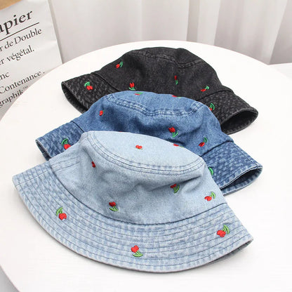 Washed Denim Embroidered Watermelon, Bows, and Cherries to choose from in various colors!