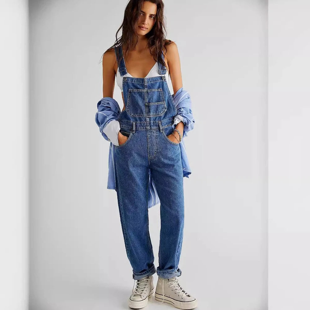 Women's Denim Overalls Vintage Loose-Fit Straight-Leg Denim Jeans Jumpsuits