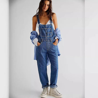 Women's Denim Overalls Vintage Loose-Fit Straight-Leg Denim Jeans Jumpsuits