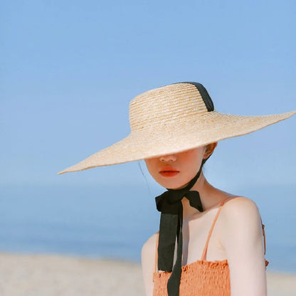 Big Natural Straw Hats, Wide-Brim Sun Visor Caps, Elegant Flat Top, Long Ribbon Tie